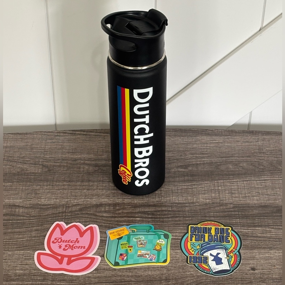 Dutch Bros 20 oz Black Insulated Tumbler with stickers